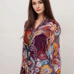 RETRO 1970s Johnny Was Silk Chiffon "Christina" Blouse in Vibrant Floral Print
